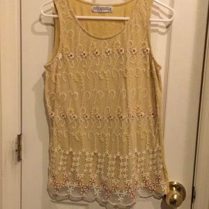 NWOT White Chocolate pale yellow top. beads, lacelook and embroidery - oh my! M